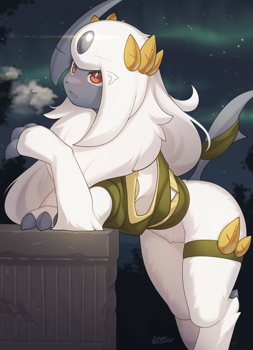 absol absurd_res ambiguous_gender bent_over black_body box claws clothing container feral fur generation_3_pokemon hair hi_res long_hair night nintendo open_mouth outside plant pokemon pokemon_(species) red_eyes solo thigh_strap tree video_games white_body white_fur zinfyu