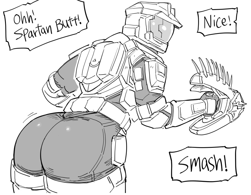 1girl absurdres ass bb_(baalbuddy) bent_over covered_face english_commentary english_text from_behind gun halo_(series) helmet highres holding holding_gun holding_weapon impossible_armor monochrome needler power_armor solo spartan_(halo) speech_bubble weapon