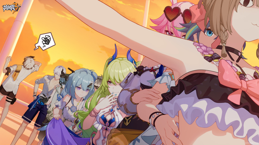 4boys 5girls :3 aponia_(honkai_impact) armpits bangs bare_shoulders bikini black_hair blue_eyes blue_nails breasts brown_hair cat_girl cleavage closed_eyes closed_mouth cloud cloudy_sky conga_line dress elysia_(honkai_impact) elysia_(miss_pink_elf) eyewear_on_head facepalm frilled_bikini frills fu_hua fu_hua_(shadow_knight) green_eyes green_hair griseo highres honkai_(series) honkai_impact_3rd horns kalpas_(honkai_impact) kevin_kaslana kosma male_swimwear mask mobius_(daughter_of_corals)_(honkai_impact) mobius_(honkai_impact) multiple_boys multiple_girls nail_polish official_art outdoors pardofelis_(honkai_impact) pink_hair purple_eyes sakura_(honkai_impact) shirt short_hair sky sleeves_rolled_up smile spoken_squiggle squiggle su_(honkai_impact) sundress sunglasses swim_trunks swimsuit twintails white_dress white_hair white_shirt yae_sakura yae_sakura_(goushinnso_memento) yellow_sky