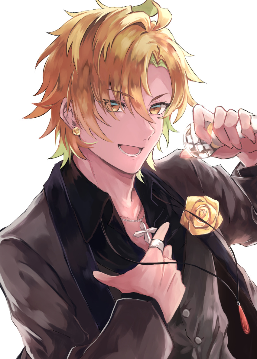 1boy :d absurdres black_shirt blonde_hair boutonniere collared_shirt colored_inner_hair cowlick cross cross_necklace curtained_hair earrings flower flower_earrings green_hair grey_jacket grey_vest hair_between_eyes hand_on_own_chest highres holding holding_microphone hypnosis_mic izanami_hifumi jacket jewelry lapels looking_at_viewer lower_teeth male_focus microphone multicolored_hair necklace open_collar pendant ring rose shawl_lapels shirt simple_background smile solo stud_earrings teeth upper_body vest white_background yellow_eyes yellow_flower yellow_rose yonagi