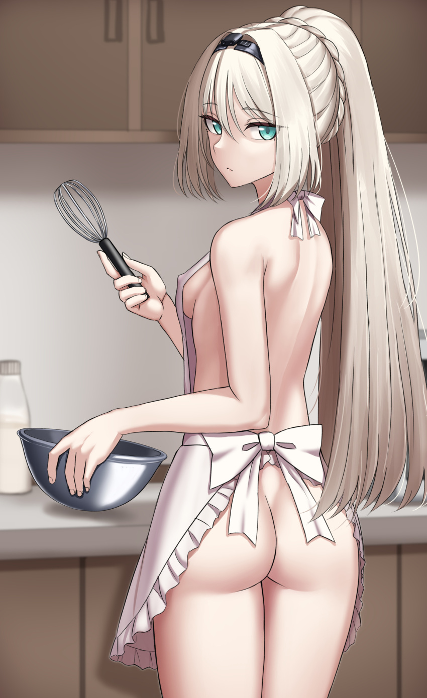 1girl absurdres an-94_(girls'_frontline) apron aqua_eyes ass back bare_arms bare_shoulders blonde_hair braid breasts closed_mouth commission covered_nipples cowboy_shot frilled_apron frills from_behind girls'_frontline hair_between_eyes hairband highres holding holding_utensil holding_whisk indoors long_hair looking_at_viewer looking_back medium_breasts naked_apron ponytail sideboob sidelocks skeb_commission solo standing very_long_hair whisk white_apron yakob_labo