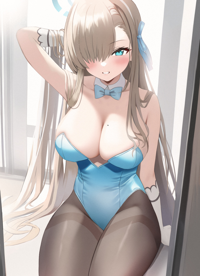 1girl absurdly_long_hair absurdres arm_behind_head asuna_(blue_archive) asuna_(bunny)_(blue_archive) bangs bare_shoulders blue_archive blue_bow blue_bowtie blue_eyes blue_leotard blue_ribbon blush bow bowtie breasts brown_pantyhose cleavage darudana detached_collar gloves grin hair_over_one_eye hair_ribbon halo highres large_breasts leotard light_brown_hair long_hair looking_at_viewer mole mole_on_breast official_alternate_costume pantyhose playboy_bunny ribbon sitting smile solo sunlight swept_bangs traditional_bowtie very_long_hair white_gloves