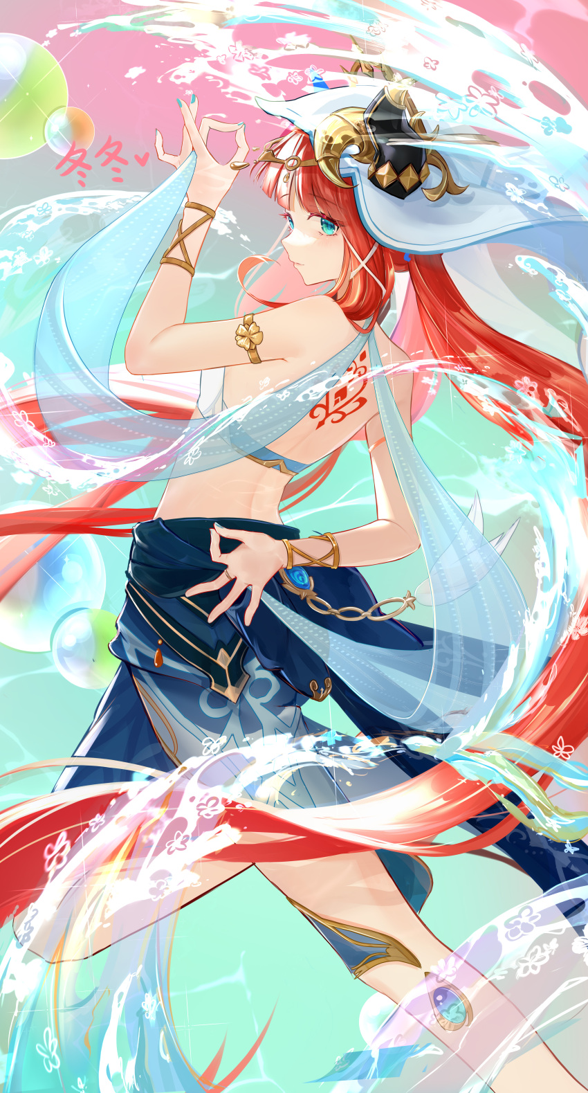 1girl absurdres aqua_eyes armlet back_tattoo bare_arms bare_back bare_shoulders bracelet double_ok_sign floating_hair genshin_impact hand_up highres horns jewelry leg_up long_hair looking_at_viewer median_furrow nilou_(genshin_impact) ok_sign profile red_hair see-through tattoo thighs twintails veil very_long_hair vision_(genshin_impact) water white_headwear zhaizhai_wudong_xiaoyu_binggan