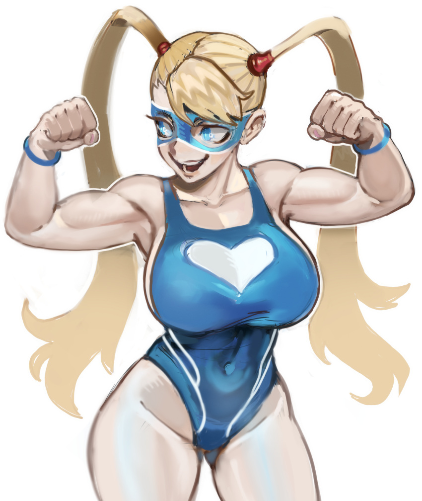 1girl :d bangs bare_shoulders blonde_hair blue_eyes blue_one-piece_swimsuit breasts highres large_breasts long_hair mask muscular muscular_female nero_(neroartbox) open_mouth rainbow_mika simple_background smile solo street_fighter swimsuit twintails white_background wrestling_mask wrestling_outfit