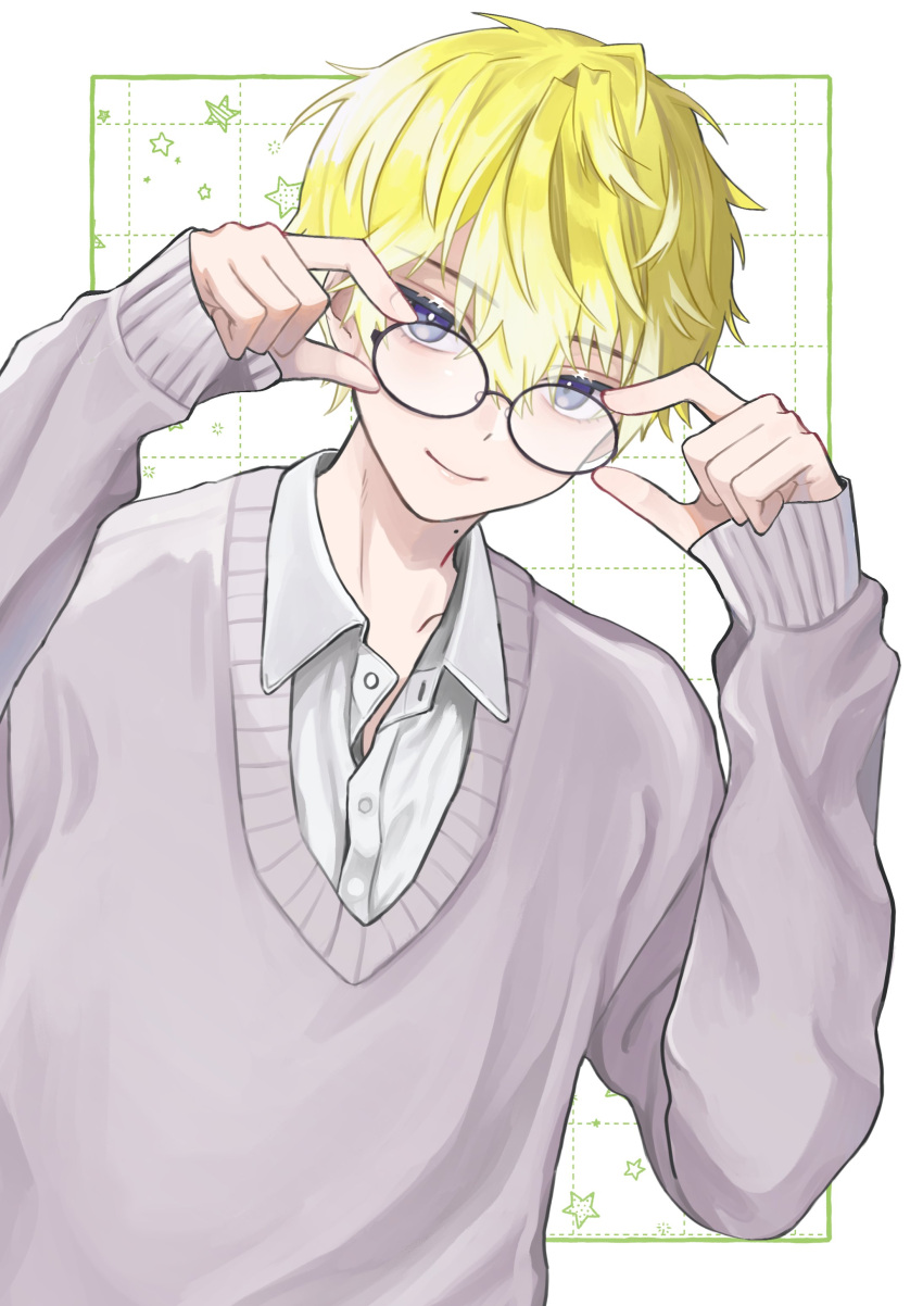 1boy absurdres bangs blonde_hair blue_eyes buchi_0_0 closed_mouth collarbone collared_shirt glasses gradient_hair grey_shirt grey_sweater hair_between_eyes highres holding holding_eyewear long_sleeves looking_at_viewer male_focus mole mole_on_neck multicolored_hair nijisanji nijisanji_en round_eyewear shirt short_hair smile solo sonny_brisko sweater virtual_youtuber white_hair white_shirt