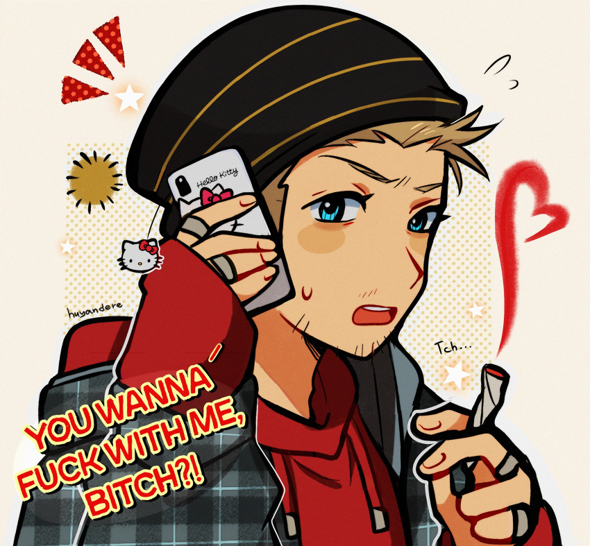 1boy absurdres beanie blonde_hair blue_eyes breaking_bad cellphone charisma_break cigarette commentary english_commentary hat hello_kitty hello_kitty_(character) highres holding holding_cigarette holding_phone hood hoodie huyandere jesse_pinkman male_focus open_mouth phone portrait profanity red_hoodie smartphone smoking solo sweatdrop