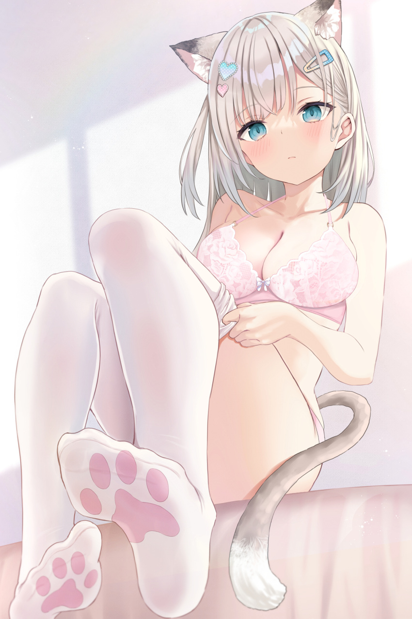 1girl akino_ell animal_ear_fluff animal_ears aqua_eyes bangs blush bra breasts cat_ears cat_girl cat_tail cleavage closed_mouth commentary feet floral_print from_below grey_hair hair_ornament hairclip halterneck heart heart_hair_ornament highres long_hair looking_at_viewer medium_breasts no_shoes one_side_up original panties paw_print pink_bra pink_panties print_bra putting_on_legwear sidelocks sitting solo symbol-only_commentary tail thighhighs underwear white_thighhighs