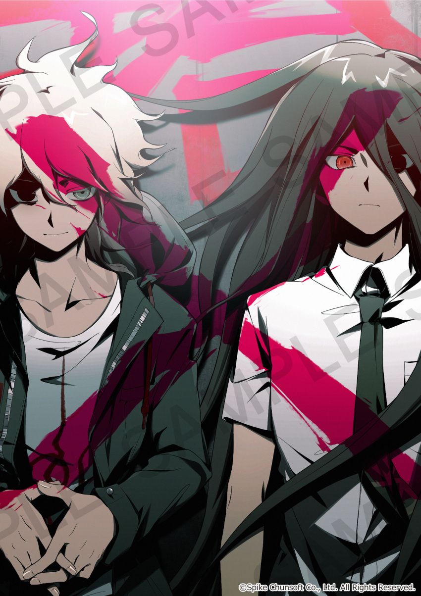 2boys bangs blood blood_on_face brown_hair closed_mouth collarbone collared_shirt copyright_name cosplay danganronpa_(series) danganronpa_2:_goodbye_despair danganronpa_v3:_killing_harmony green_jacket green_necktie grey_hair grey_shirt hair_between_eyes highres hinata_hajime hinata_hajime_(cosplay) hood hood_down hooded_jacket jacket kamukura_izuru komaeda_nagito long_hair male_focus medium_hair messy_hair multiple_boys necktie open_clothes open_jacket own_hands_together pink_blood print_shirt red_eyes shiny shiny_hair shirt shizu_(9394marimo) upper_body white_shirt