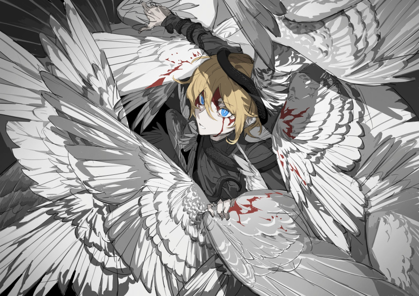 1boy absurdres animal_around_neck animal_on_arm animal_on_head bleeding blonde_hair blood blood_on_face blue_eyes feathered_wings from_above hair_between_eyes hand_up highres injury looking_up male_focus on_head original outstretched_arm sketch snake solo struggling stuck upper_body wing_grab wings xichenqi104