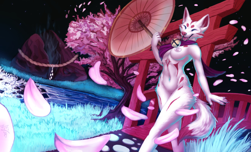 anthro bell breasts bridge canid canine cherry_blossom cocofox detailed_background female fox looking_at_viewer mammal nipples nude open_mouth outside path plant river rock scarf shrine sky smile solo tree umbrella water white_body
