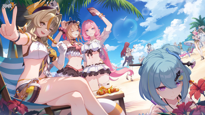 4boys 6+girls :d ahoge animal_ears aponia_(honkai_impact) ball bangs bare_shoulders beach beach_chair beach_umbrella beachball bikini bikini_skirt black_hair blue_eyes blue_sky breasts brown_hair cat_ears cat_girl cat_tail cleavage closed_mouth cloud cloudy_sky crossed_arms dress eden_(honkai_impact) elf elysia_(honkai_impact) elysia_(miss_pink_elf) eyewear_on_head flip-flops flower food fox_ears frilled_bikini frills fu_hua fu_hua_(shadow_knight) full_body gloves green_hair grey_eyes griseo hair_ornament hairclip hat headband highres holding holding_ball holding_beachball holding_food holding_ice_cream holding_phone holding_surfboard honkai_(series) honkai_impact_3rd horns kalpas_(honkai_impact) kevin_kaslana kosma long_hair looking_at_viewer mask medium_hair mobius_(daughter_of_corals)_(honkai_impact) mobius_(honkai_impact) multiple_boys multiple_girls navel official_art open_mouth outdoors palm_tree pardofelis_(honkai_impact) phone pink_hair pirate_hat pointy_ears ponytail purple_eyes red_flower sakura_(honkai_impact) sand sandals selfie shadow shirt short_hair single_glove sitting sky smile standing strapless strapless_dress su_(honkai_impact) sun_hat sundress sunglasses surfboard swimsuit tail tree twintails umbrella v vill-v white_dress white_gloves white_hair white_headwear white_shirt yae_sakura yae_sakura_(goushinnso_memento)