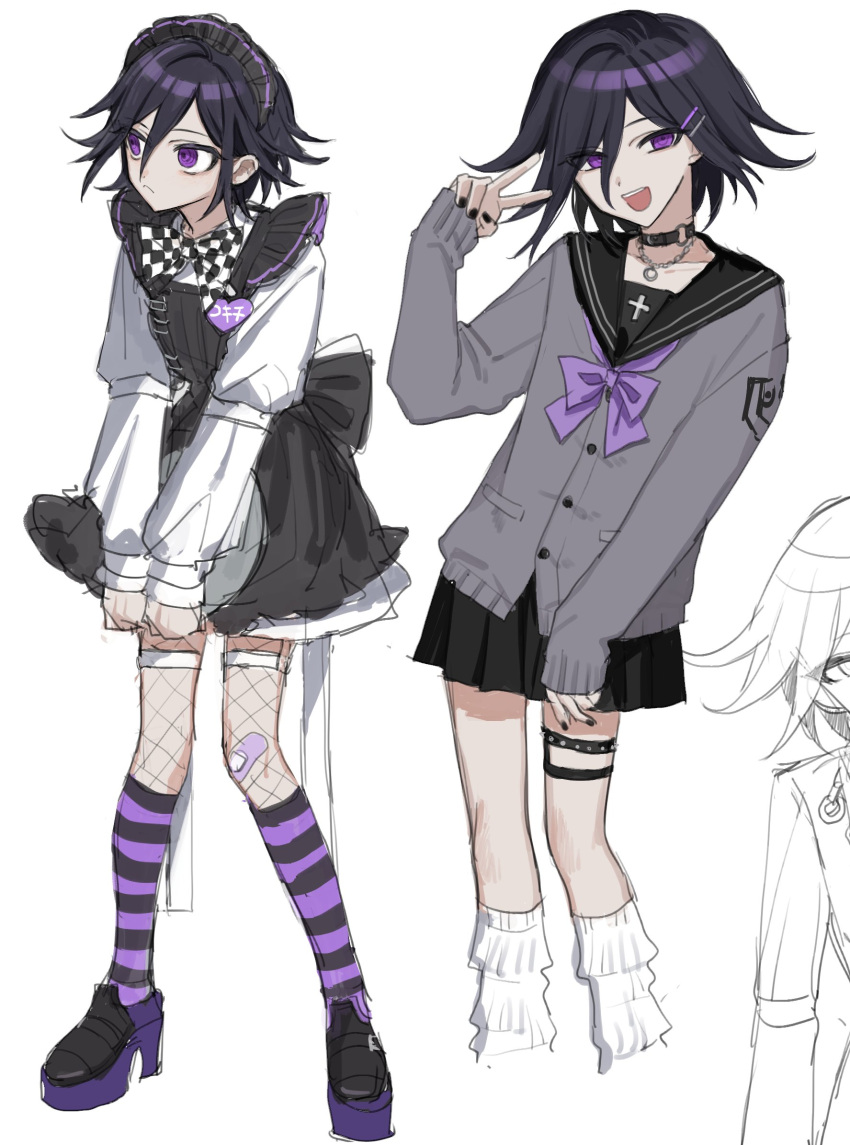 :d alternate_costume bandaid bandaid_on_knee bandaid_on_leg bangs black_bow black_bowtie black_dress black_footwear black_hair black_nails black_sailor_collar black_skirt bow bowtie checkered_bow checkered_bowtie checkered_clothes collarbone cosplay crossdressing danganronpa_(series) danganronpa_v3:_killing_harmony dress enmaided fishnet_pantyhose fishnets grey_background grey_jacket hair_ornament hairclip heart highres holding holding_tray jacket jewelry kneehighs long_sleeves looking_at_viewer maid maid_headdress medium_hair miniskirt multiple_views nail_polish necklace open_mouth ouma_kokichi pantyhose pleated_skirt purple_eyes purple_footwear sailor_collar shiny shiny_hair shirt shoes simple_background skirt smile socks striped striped_socks teeth toujou_kirumi toujou_kirumi_(cosplay) tray two-tone_footwear upper_teeth v wayon154 white_background white_bow white_bowtie white_shirt