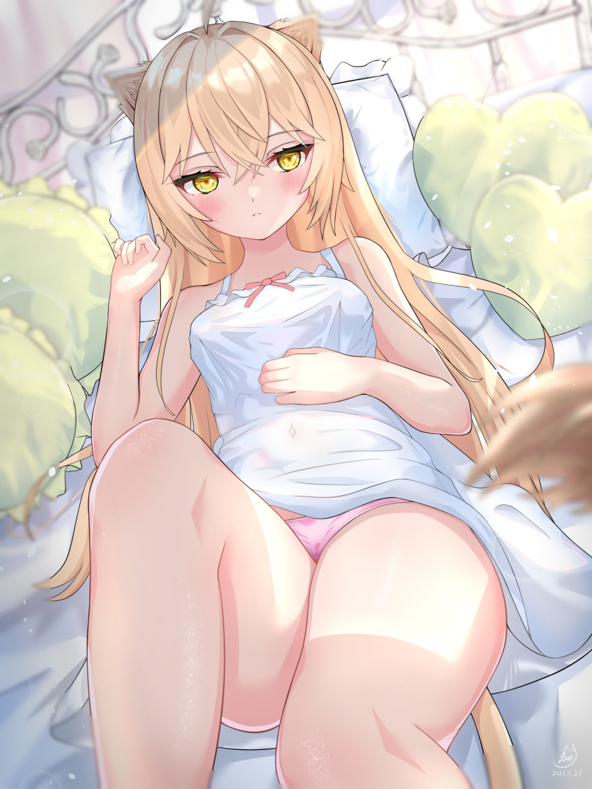 1girl ahoge animal_ears auroraescientia bangs bare_arms bare_shoulders blurry blush brown_hair closed_mouth covered_navel crossed_bangs depth_of_field dress frilled_pillow frills hand_on_own_stomach hand_up heart heart_pillow highres indie_virtual_youtuber knee_up lion_ears lion_girl lion_tail long_hair looking_at_viewer lying on_back on_bed panties pillow pink_panties rurudo_lion sidelocks sleeveless sleeveless_dress solo sundress tail thighs underwear virtual_youtuber white_dress yellow_eyes