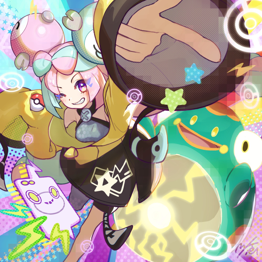 1girl aqua_hair arm_up bellibolt breasts character_hair_ornament colored_skin green_skin hair_ornament highres holding holding_poke_ball iono_(pokemon) lightning_bolt_symbol long_hair looking_at_viewer low-tied_long_hair multicolored_hair open_mouth phone pink_eyes pink_hair pointing poke_ball poke_ball_(basic) pokemon pokemon_(creature) pokemon_(game) pokemon_sv rotom rotom_phone sharp_teeth signature smile star_(symbol) teeth tom_(pixiv10026189) two-tone_hair very_long_hair