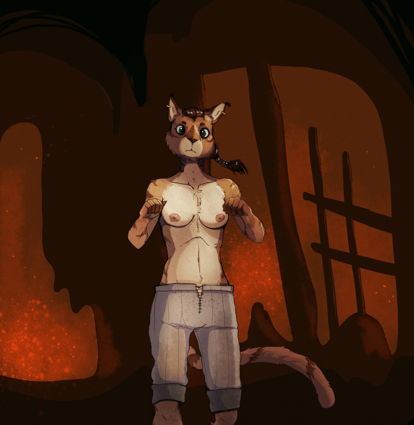 anthro bethesda_softworks bottomwear breasts clothed clothing ear_piercing ear_ring felid female garbagegarage green_eyes hair hi_res khajiit mammal nipples pants partially_clothed piercing ponytail ring_piercing solo the_elder_scrolls topless video_games