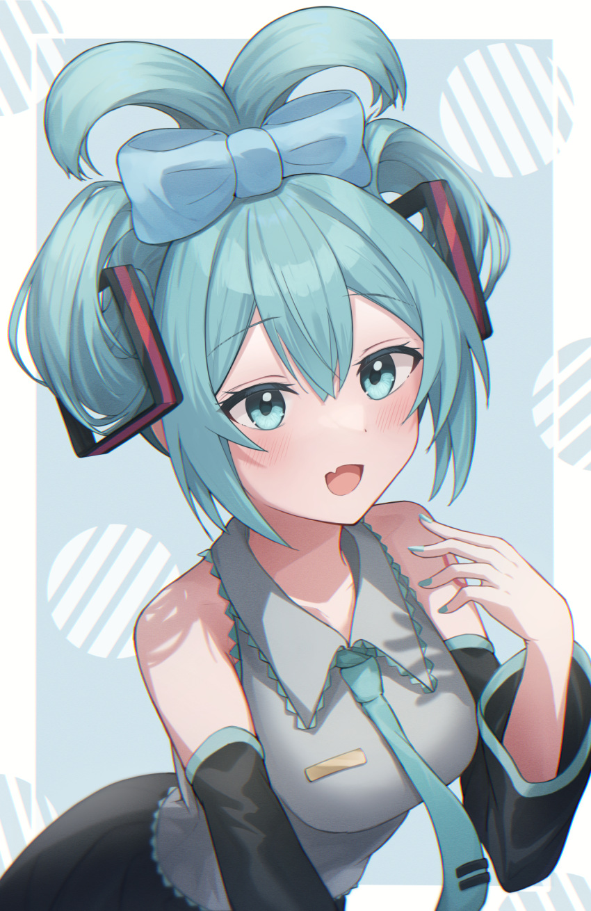 &gt;_&lt; 1girl :d :o alternate_hairstyle aqua_background aqua_bow aqua_eyes aqua_hair aqua_nails aqua_necktie bangs black_sleeves blush border bow cinnamiku collared_shirt cosplay crossover detached_sleeves fang grey_shirt grey_skirt hair_bow hair_ornament hair_rings hand_up hatsune_miku hatsune_miku_(cosplay) highres looking_at_viewer moonlightlight necktie open_mouth rectangle shirt skirt sleeveless sleeveless_shirt smile solo updo vocaloid white_border