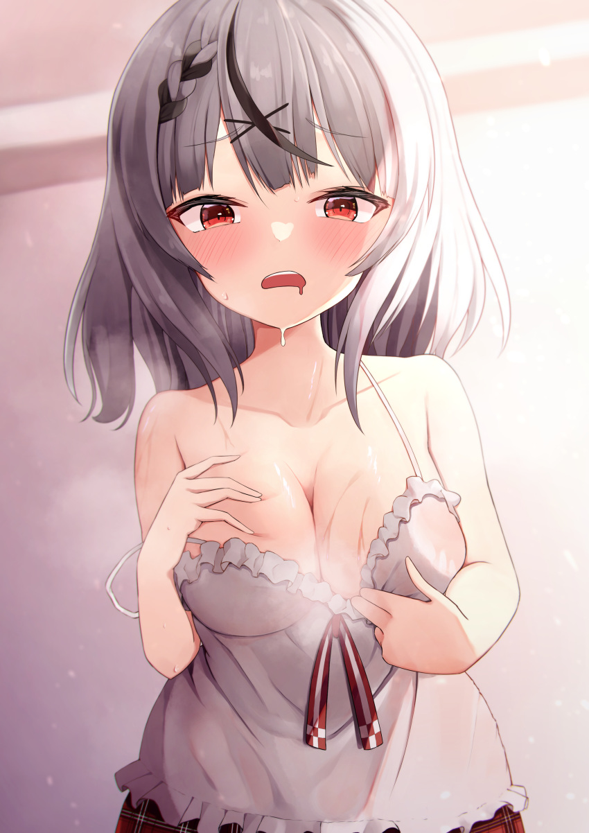 1girl absurdres bangs bare_arms bare_shoulders black_hair blush braid breasts camisole camisole_pull cleavage clothes_pull d: frilled_camisole frills grey_hair hair_ornament hands_on_own_chest highres hololive large_breasts looking_at_viewer makino_maki medium_hair multicolored_hair open_mouth plaid plaid_skirt pulled_by_self red_eyes sakamata_chloe see-through sidelocks skirt solo streaked_hair sweat teeth upper_teeth virtual_youtuber wet wet_clothes white_camisole x_hair_ornament