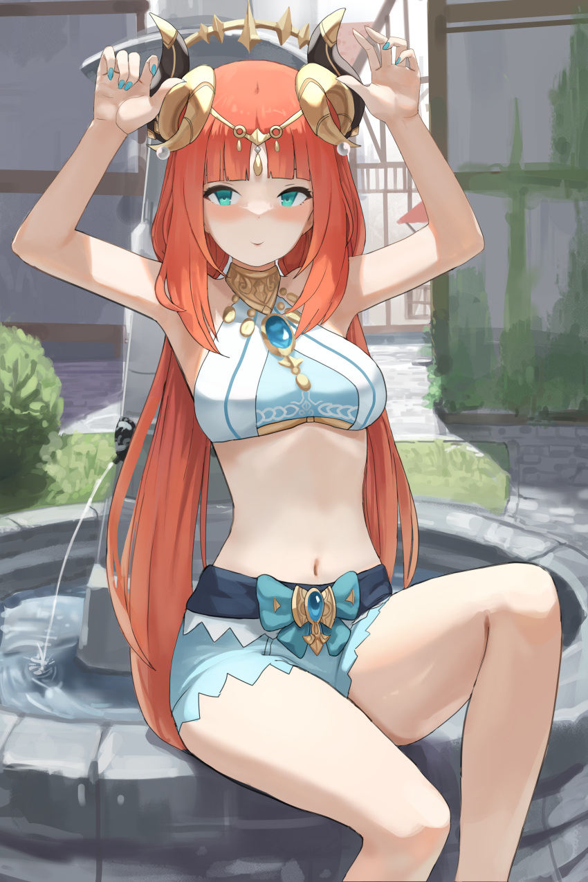 1girl absurdres aqua_eyes aqua_nails arms_up bangs bare_arms blue_bow blunt_bangs blush bow breasts brooch circlet closed_mouth commentary_request crop_top day dolri feet_out_of_frame fountain genshin_impact gold_trim highres horns jewelry long_hair looking_at_viewer medium_breasts nail_polish navel neck_ring nilou_(genshin_impact) no_detached_sleeves outdoors parted_bangs red_hair sitting smile solo stomach thighs twintails veil vision_(genshin_impact) water