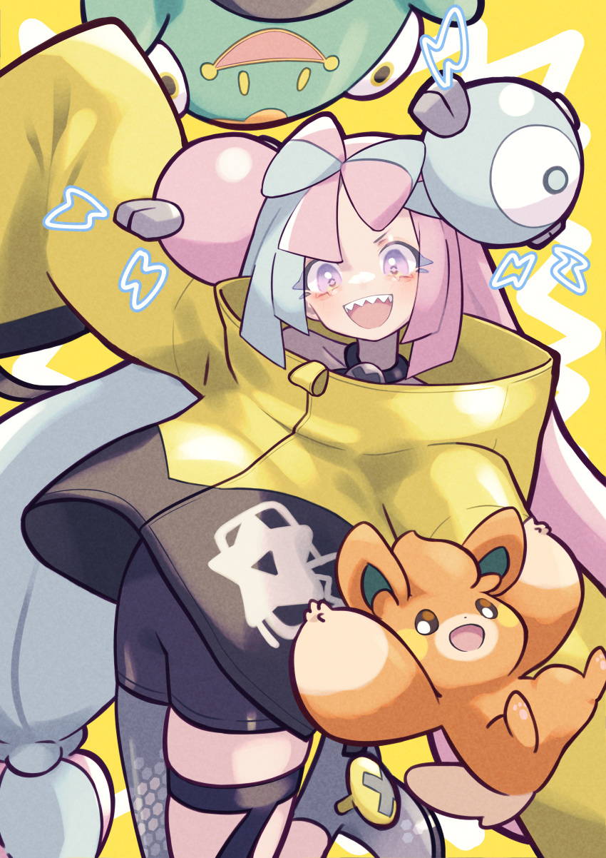 1girl :d absurdres bangs bellibolt black_shorts character_hair_ornament commentary_request green_hair grey_pantyhose hair_ornament happy highres iono_(pokemon) jacket leg_up long_hair open_mouth pantyhose pawmi pink_hair pokemon pokemon_(creature) pokemon_(game) pokemon_sv purple_eyes sharp_teeth shorts single_leg_pantyhose smile teeth thigh_strap tongue twintails umi_painter upper_teeth yellow_jacket