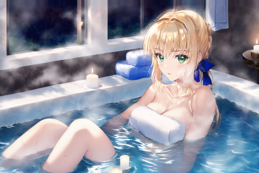 1girl ahoge aoi777 artoria_pendragon_(fate) bath bathing bathroom bathtub blue_ribbon breasts candle fate/stay_night fate_(series) hair_bun hair_intakes hair_ribbon highres indoors medium_breasts naked_towel partially_submerged ribbon saber sidelocks solo towel wet window