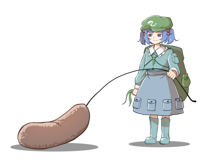 1girl backpack bag blue_eyes blue_footwear blue_hair blue_shirt blue_skirt boots closed_mouth flat_cap full_body green_headwear hair_bobbles hair_ornament hat highres kawashiro_nitori long_sleeves peroponesosu. reeds rubber_boots shirt short_hair short_twintails simple_background skirt solo standing touhou twintails white_background