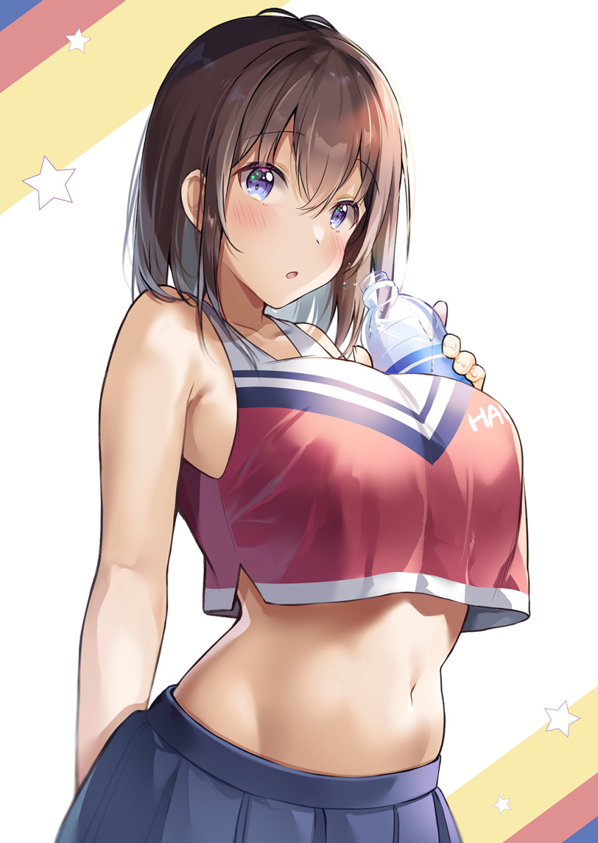 1girl :o bare_arms bare_shoulders blue_eyes blue_skirt blush bottle breasts brown_hair cheerleader cowboy_shot crop_top crop_top_overhang highres holding holding_bottle large_breasts looking_at_viewer navel open_mouth original shiro_kuma_shake short_hair skirt sleeveless solo star_(symbol) stomach water_bottle white_background