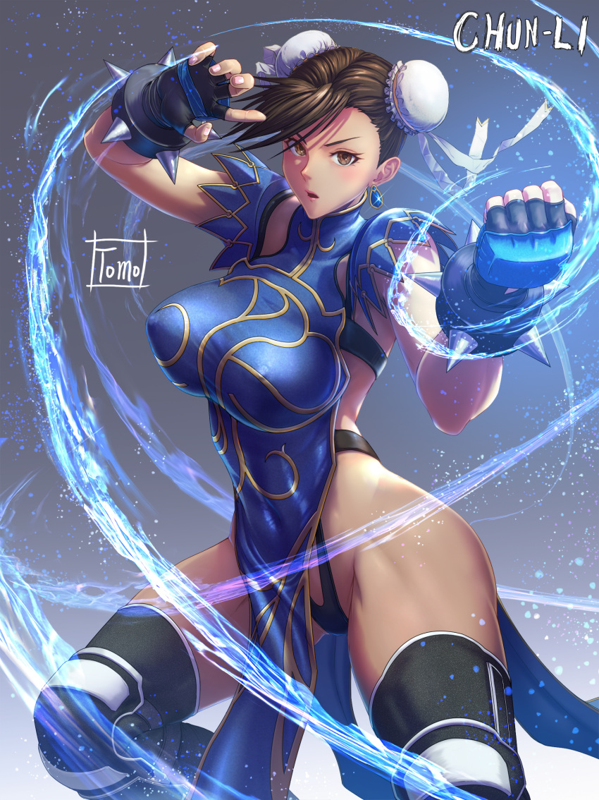 1girl alternate_costume artist_name bangs blush bracelet breasts brown_eyes brown_hair bun_cover character_name china_dress chinese_clothes chun-li clenched_hand commentary_request covered_nipples double_bun dress earrings fighting_stance fingerless_gloves fingernails gloves gold_trim gradient gradient_background hair_bun hair_ornament hands_up highleg highres jewelry knee_pads large_breasts looking_at_viewer open_mouth short_sleeves signature simple_background spiked_bracelet spikes street_fighter street_fighter_v thighhighs thighs tomo_eokaiteru turtleneck