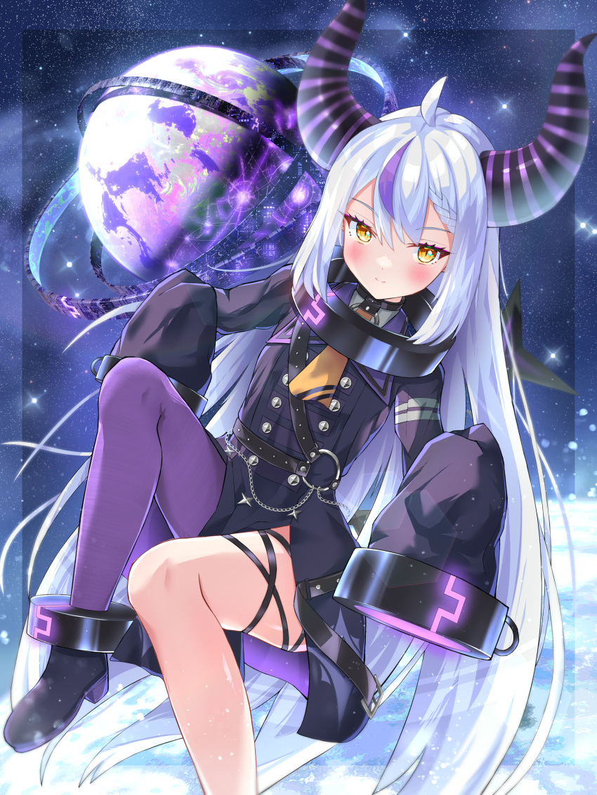 1girl absurdres ahoge ankle_cuffs ascot auroraescientia belt black_belt black_choker black_footwear blush boots braid chain choker closed_mouth collar demon_girl demon_horns foot_out_of_frame grey_hair hands_up high_heel_boots high_heels highres hololive horns la+_darknesss legs_up long_hair long_sleeves looking_at_viewer metal_collar multicolored_hair o-ring pantyhose planet pointy_ears purple_hair purple_pantyhose sidelocks single_leg_pantyhose sleeves_past_fingers sleeves_past_wrists solo space star_(sky) streaked_hair striped_horns very_long_hair virtual_youtuber wide_sleeves yellow_ascot yellow_eyes
