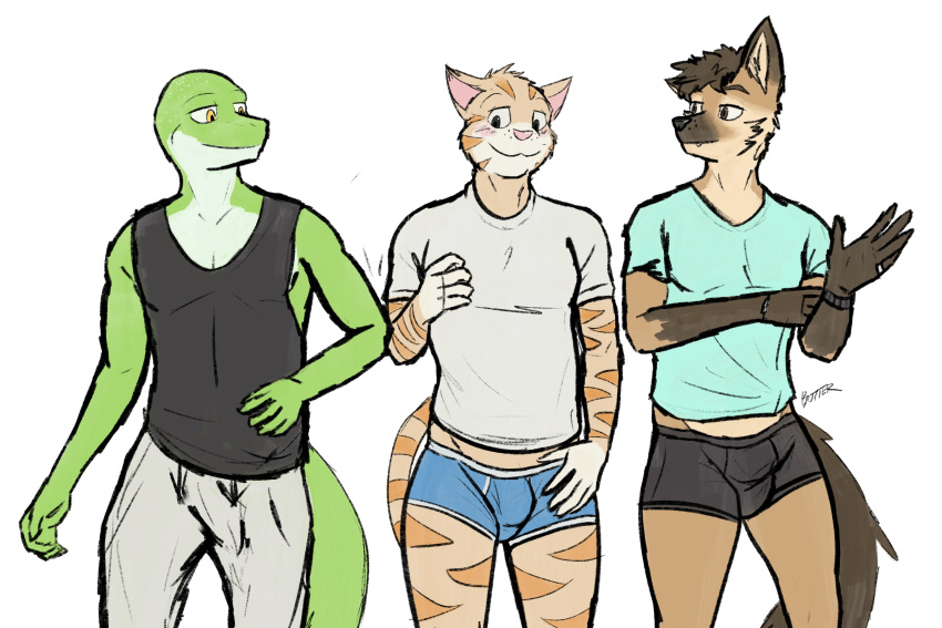 3:2 absurd_res anthro bela_(botter_dork) blushy botter_dork boxers_(clothing) brown_hair bulge canid canine clothed clothing concealing_penis digital_media_(artwork) domestic_cat duo erection erection_under_clothing felid feline felis fox fur hair hi_res kyle_(ccwoah) lizard looking_at_another looking_at_genitalia male male/male mammal reptile scalie shy simple_background sketch solo thomson_(thomson_local) thomson_local topwear underwear