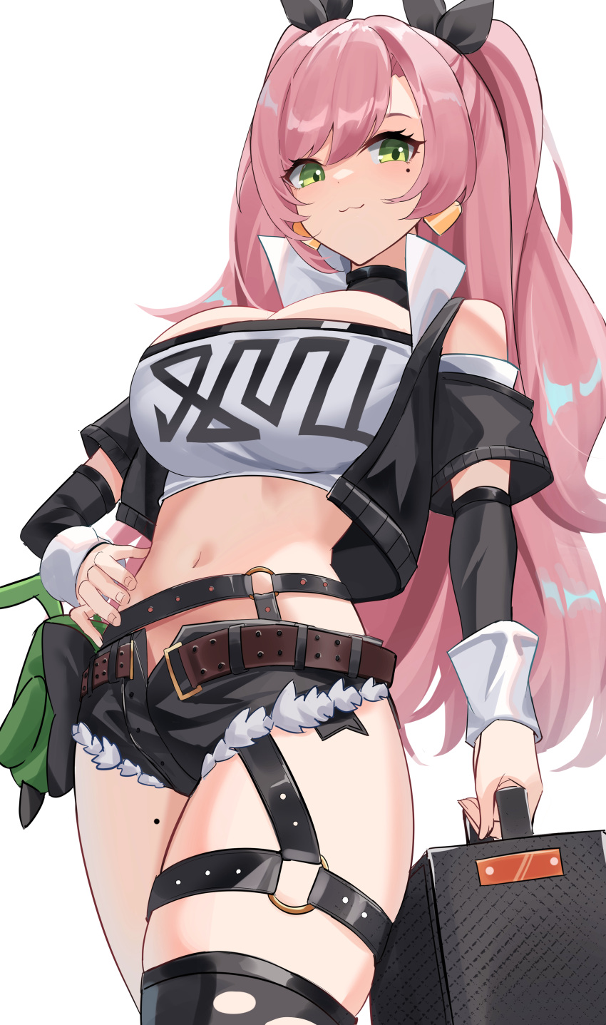 1girl :3 absurdres bangs bare_shoulders belt black_shorts black_thighhighs breasts brown_belt cleavage clothing_cutout commentary cowboy_shot crop_top cutoffs czk earrings green_eyes hand_on_hip heart heart_earrings highres holding jacket jewelry large_breasts long_hair long_sleeves looking_at_viewer micro_shorts midriff mole mole_on_thigh mole_under_eye navel nicole_demara open_clothes open_jacket pink_hair shorts shoulder_cutout simple_background single_thighhigh smile solo standing stomach strapless thigh_strap thighhighs thighs tube_top two_side_up very_long_hair white_background zenless_zone_zero