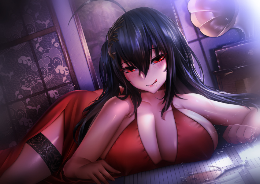 absurdres ahoge azur_lane bangs black_hair breast_rest breasts broken_glass cleavage cocktail_dress crossed_bangs dress gdat glass highres huge_breasts licking_lips long_hair lying official_alternate_costume on_stomach red_dress red_eyes side_ponytail taihou_(azur_lane) taihou_(forbidden_feast)_(azur_lane) thighhighs tongue tongue_out window_shade