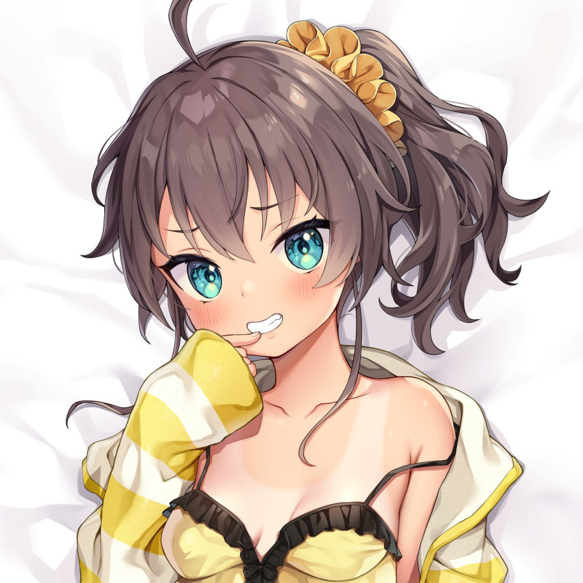 1girl ahoge ayaoshiro bangs bed_sheet blue_eyes blush breasts brown_hair camisole finger_to_mouth frilled_camisole frills grin hair_between_eyes highres hololive jacket long_sleeves looking_at_viewer lying medium_hair natsuiro_matsuri on_back one-piece_tan scrunchie side_ponytail small_breasts smile solo striped striped_jacket tan tanlines virtual_youtuber white_jacket yellow_camisole yellow_jacket yellow_scrunchie