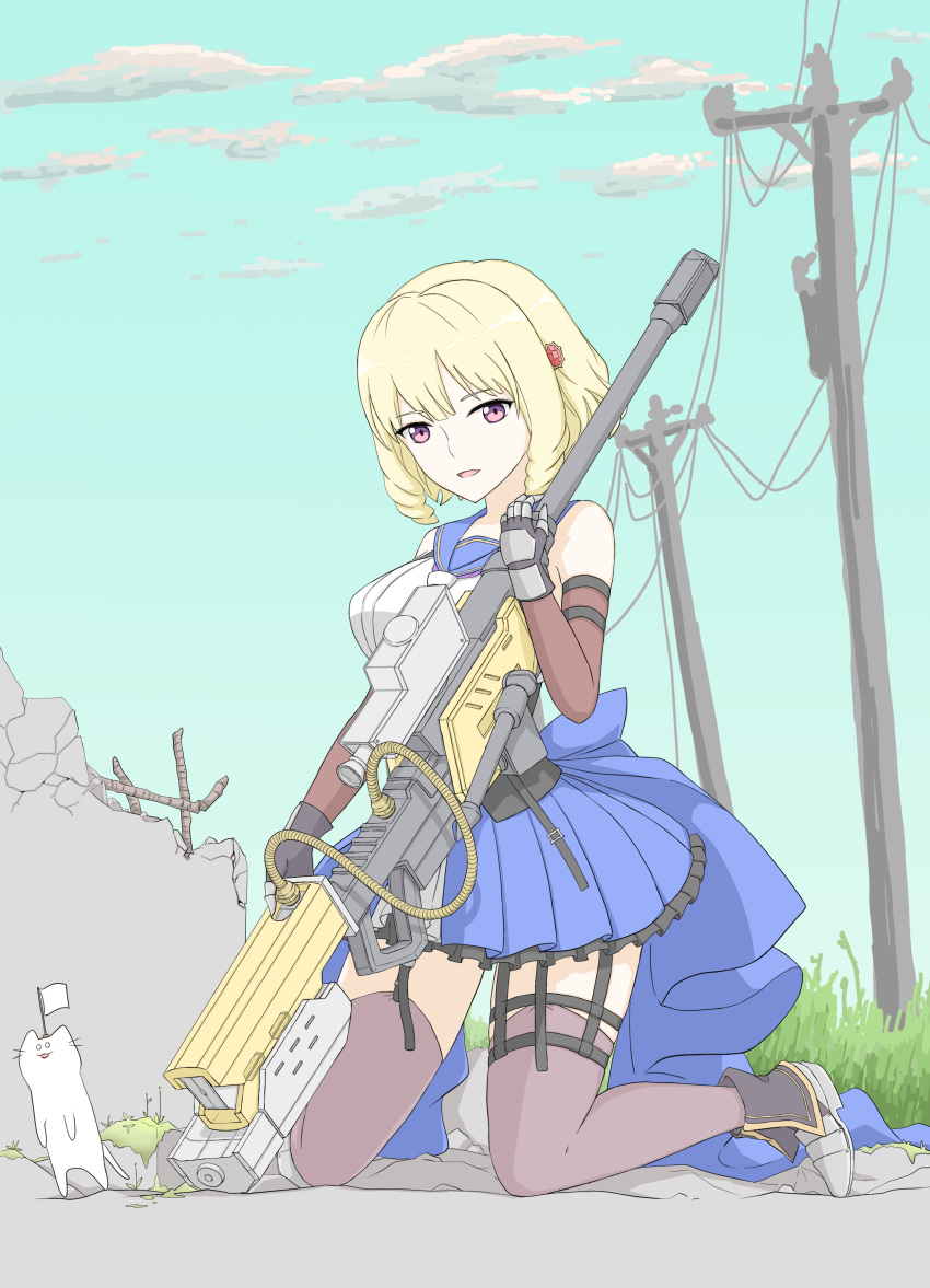 1girl absurdres animal ankle_boots aqua_sky arm_strap armored_boots assault_lily bare_shoulders black_shirt blonde_hair blue_sailor_collar blue_skirt boots breasts brown_thighhighs cat cloud commentary day detached_sleeves drill_hair flag frilled_skirt frills full_body garter_straps gauntlets gem grass grey_footwear gun hair_ornament hand_up highres holding holding_gun holding_weapon imamura_yukari_(assault_lily) kneeling looking_at_viewer medium_breasts miniskirt neckerchief odaiba_girls_high_school_uniform on_ground outdoors parted_lips pleated_skirt power_lines purple_eyes purple_neckerchief red_gemstone rifle rubble sailor_collar school_uniform serafuku shirt short_hair skirt sky sleeveless sleeveless_shirt smile sniper_rifle solo thigh_strap thighhighs tsukimizake two-tone_shirt utility_pole waist_cape weapon white_flag white_shirt zettai_ryouiki