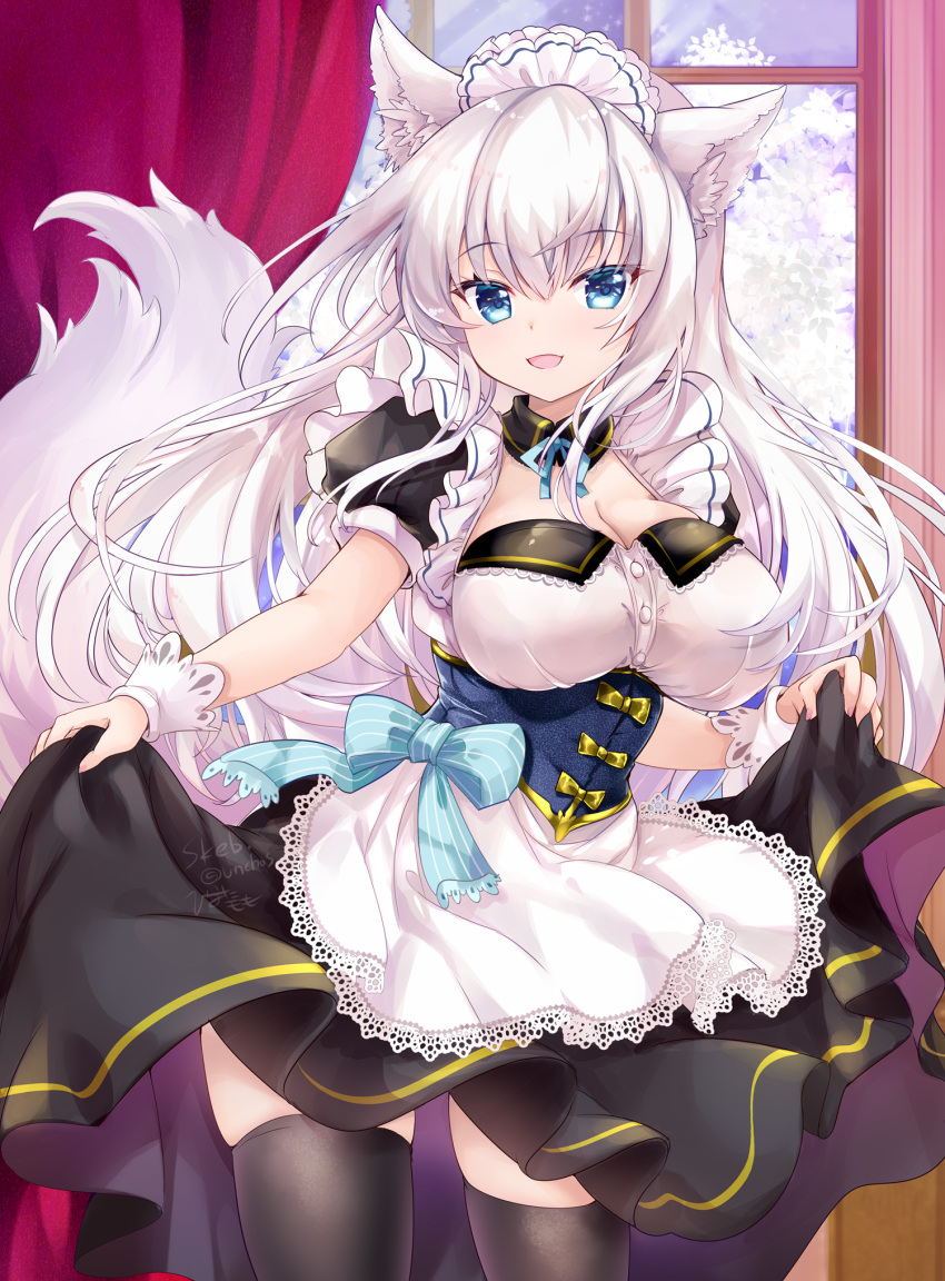 1girl :d animal_ear_fluff animal_ears apron bangs black_dress black_thighhighs blue_bow blue_eyes bow breasts cleavage commentary_request curtains dress fox_ears fox_girl fox_tail hair_between_eyes highres hinata_momo indoors lace-trimmed_apron lace_trim large_breasts long_hair looking_at_viewer maid maid_headdress original puffy_short_sleeves puffy_sleeves short_sleeves skindentation smile solo striped striped_bow tail thighhighs very_long_hair white_apron white_hair window