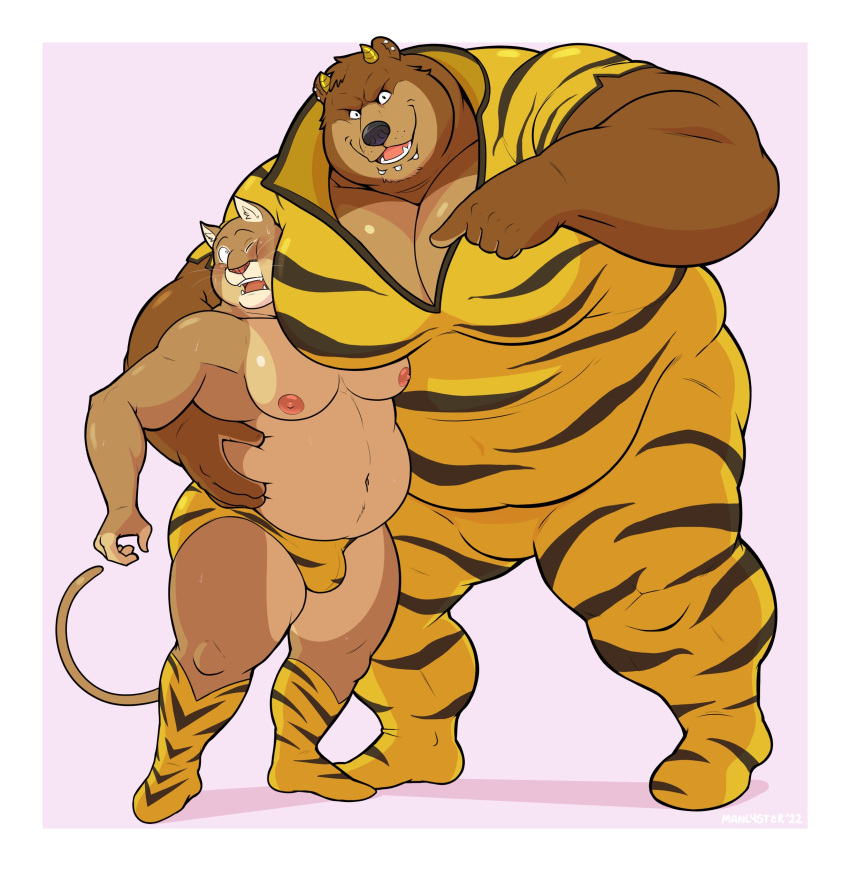 2022 absurd_res anthro belly big_belly big_moobs black_nose bulge clothed clothing cosplay cougar duo embrace felid feline hi_res horn horned_humanoid hug humanoid humanoid_hands lum's_father male mammal manlyster moobs nipples overweight overweight_male underwear ursid urusei_yatsura