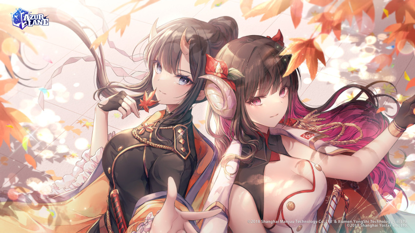 2girls absurdres azur_lane black_gloves black_hair breasts brown_hair buttons closed_mouth coat curled_horns double-breasted fingerless_gloves floating_hair flower gloves hair_flower hair_ornament haori highres horns jacket jacket_on_shoulders japanese_clothes katana large_breasts long_hair long_sleeves looking_at_viewer medium_breasts military military_uniform multiple_girls official_art oni_horns open_clothes open_coat ozzingo ponytail purple_eyes ryuuhou_(azur_lane) shirt standing suruga_(azur_lane) sword uniform upper_body weapon white_coat white_shirt wing_collar