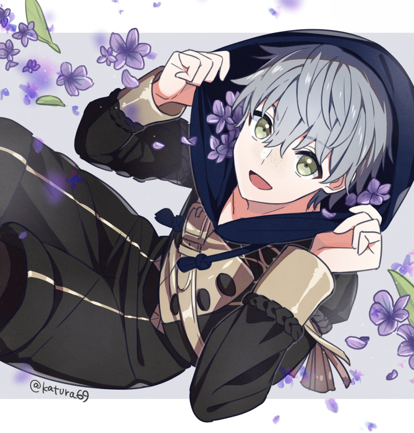 1boy ashe_ubert blue_hair cowboy_shot fire_emblem fire_emblem:_three_houses flower from_above garreg_mach_monastery_uniform green_eyes highres hood hood_up juria0801 leaf leaning_forward light_blue_hair looking_at_viewer open_mouth smile solo watermark