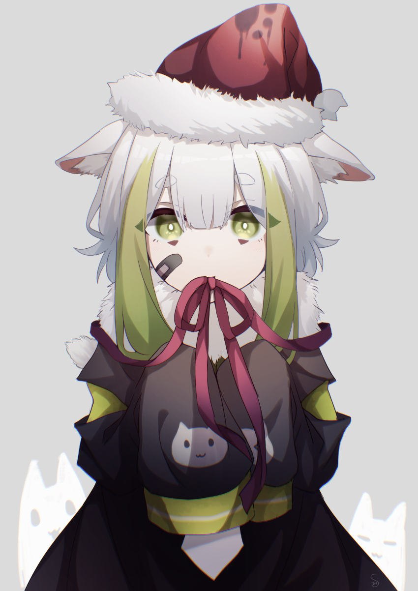 1other absurdres animal_ears bandaid bandaid_on_cheek bandaid_on_face black_dress cat_ears christmas dress ears_down fur_collar green_eyes green_hair hat highres kitsunemiyoru long_sleeves looking_at_viewer medium_hair mouth_hold multicolored_hair necktie original ribbon ribbon_in_mouth santa_hat sleeves_past_fingers sleeves_past_wrists two-tone_hair white_hair