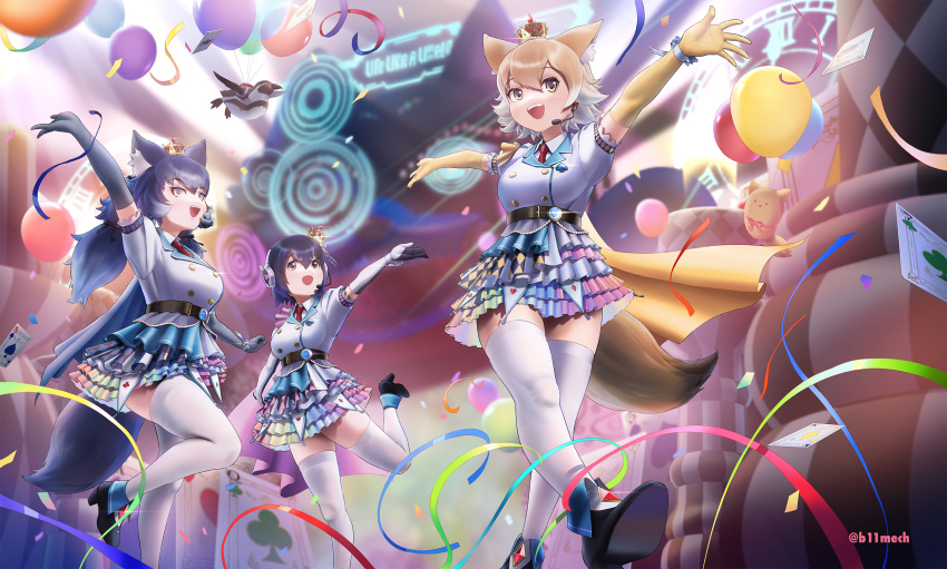 3girls animal animal_ears arm_up arms_up balloon beleven bird black_hair blue_hair brown_hair card collared_shirt colorful confetti coyote_(kemono_friends) crown dire_wolf_(kemono_friends) elbow_gloves empty_eyes frilled_skirt frills gloves grape-kun hair_between_eyes headset highres humboldt_penguin_(kemono_friends) jacket kemono_friends kemono_friends_v_project light_brown_hair long_hair medium_hair miniskirt multiple_girls necktie open_mouth outstretched_arm outstretched_arms outstretched_hand paid_reward_available parade penguin playing_card purple_hair shirt shoes short_sleeves skirt smile spread_arms spread_fingers standing standing_on_one_leg tail thighhighs twitter_username virtual_youtuber walking white_hair white_thighhighs wing_collar wolf_ears wolf_girl wolf_tail yellow_eyes zettai_ryouiki