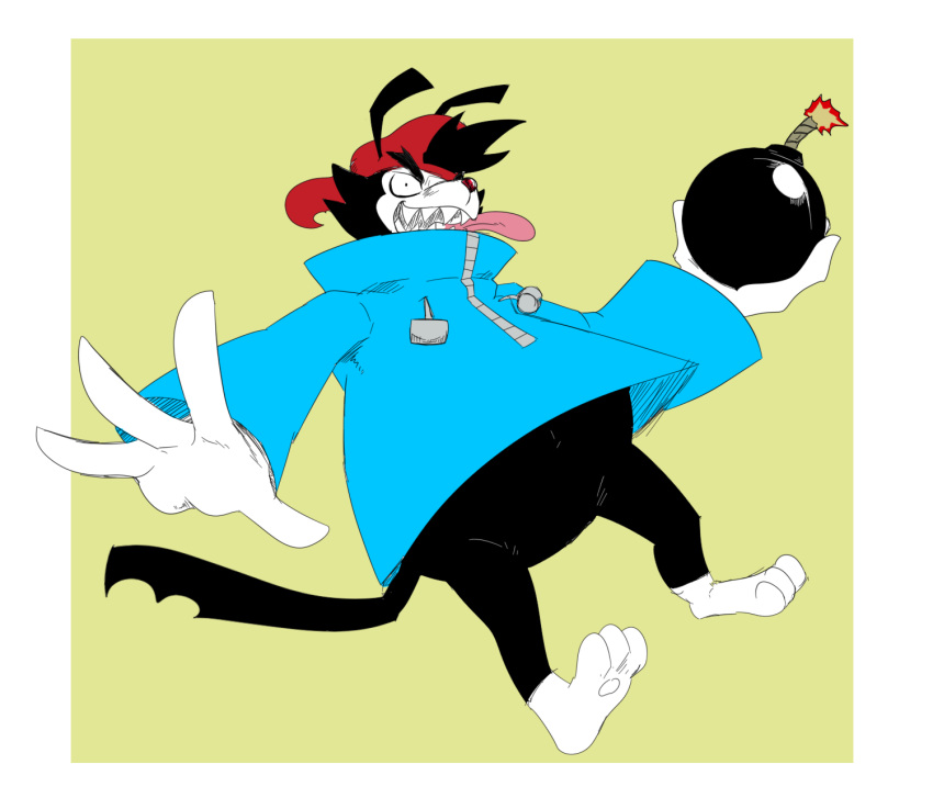 2022 animaniacs anime-aniacs anthro black_body blue_clothing bomb bottomless bottomless_anthro bottomless_male clothed clothing crazy_eyes explosives fangs fuse gloves handwear hat headgear headwear hi_res holding_bomb holding_object inkblot jacket looking_at_viewer male notched_tail reagan700 red_cap red_clothing red_hat red_headwear solo teeth tongue tongue_out topwear wakko_warner warner_brothers white_clothing white_gloves white_handwear wide_eyed