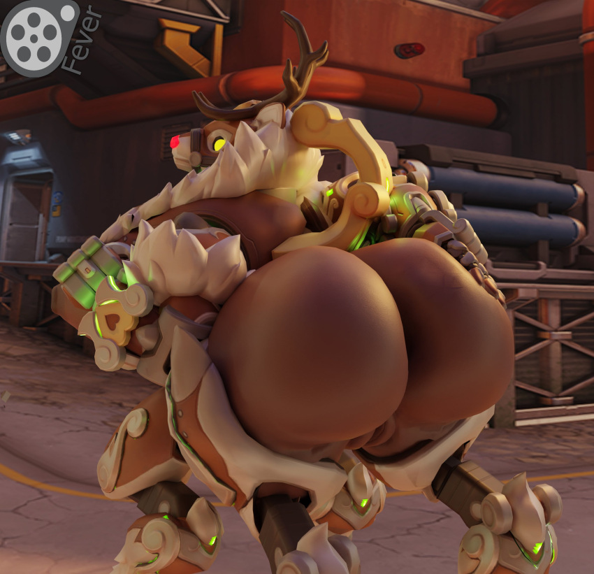 2022 3d_(artwork) antlers big_butt blizzard_entertainment butt capreoline cervid digital_media_(artwork) female feversfm genitals hi_res horn huge_butt living_machine machine mammal orisa_(overwatch) outside overwatch pussy reindeer reindeer_orisa_(overwatch) robot solo taur video_games