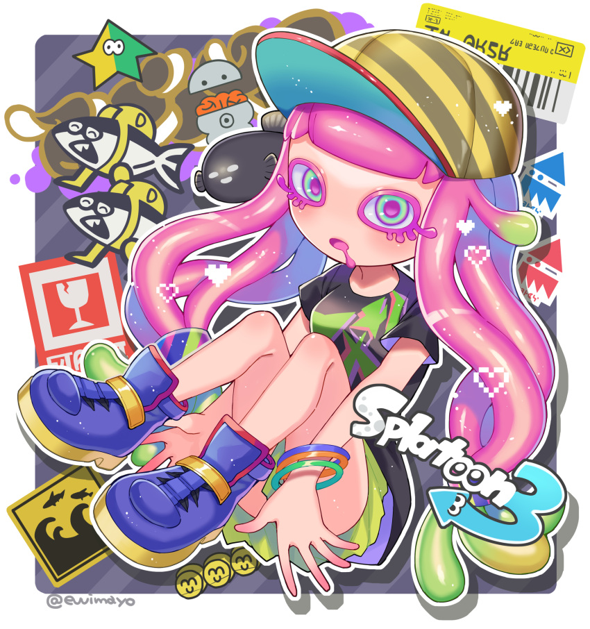 1girl barcode baseball_cap black_shirt blonde_hair blue_eyes bracelet brain clownfish colored_eyelashes colored_skin copyright_name drooling eyelashes fish full_body gradient_hair gradient_skin graffiti green_skirt harmony's_clownfish_(splatoon) harmony_(splatoon) hat heart highres inkling_(language) jewelry light_green_hair light_particles long_hair looking_at_viewer miniskirt multicolored_clothes multicolored_eyes multicolored_hair multicolored_headwear multicolored_skin no_eyebrows no_nose octopus open_mouth outline oversized_clothes oversized_shirt pink_hair pink_pupils pink_skin pleated_skirt purple_eyes purple_footwear saliva shina_shina shirt shoes short_sleeves skirt solo splatoon_(series) splatoon_3 striped striped_headwear t-shirt tentacle_hair twitter_username two-tone_skin very_long_hair white_outline