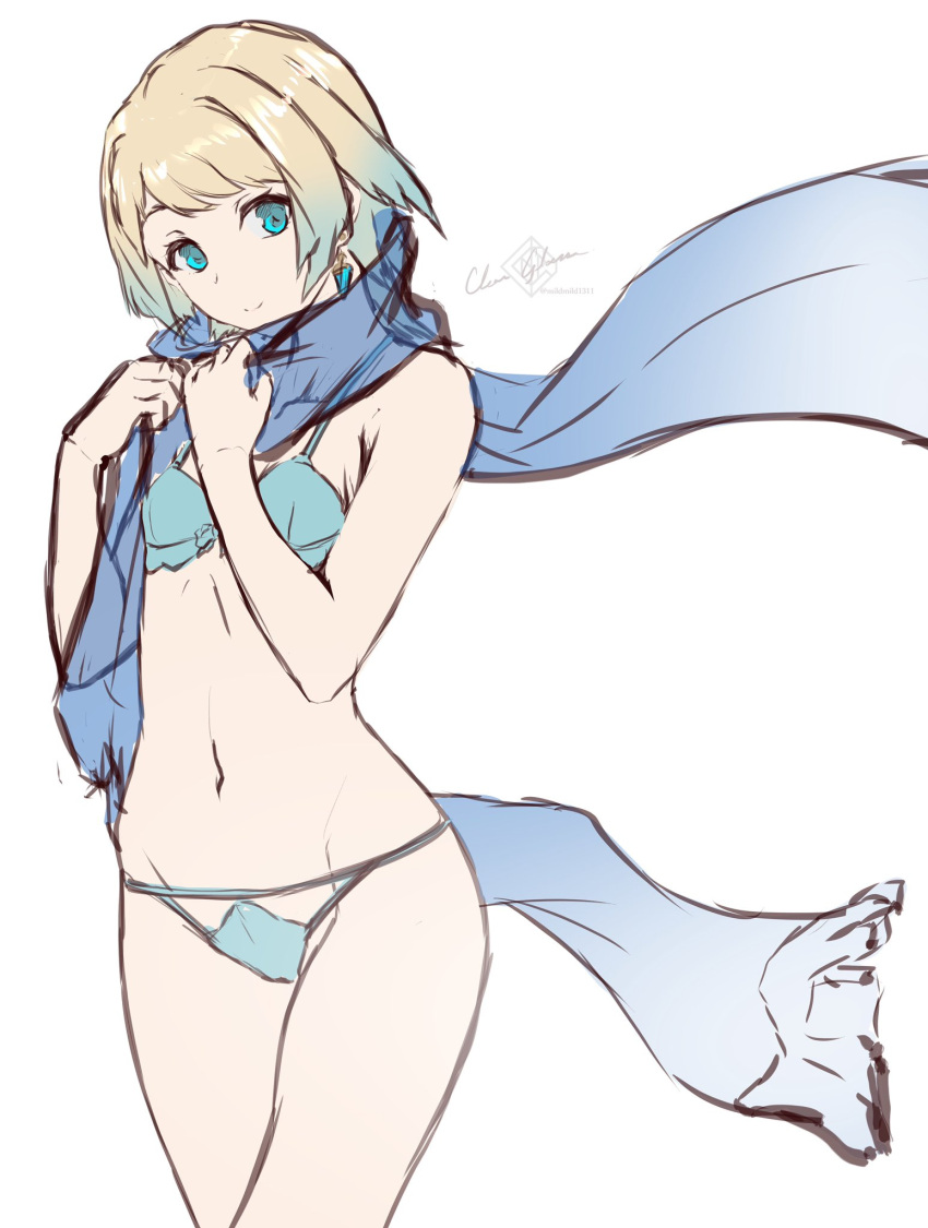 1girl alternate_costume armpit_crease bangs bare_shoulders bikini blonde_hair blue_bikini blue_eyes blue_scarf clam_shell clear_glass_(mildmild1311) earrings fire_emblem fire_emblem_heroes fjorm_(fire_emblem) highres jewelry light_smile looking_at_viewer multi-strapped_bikini navel own_hands_together scarf shell shell_bikini short_hair signature solo swimsuit thighs