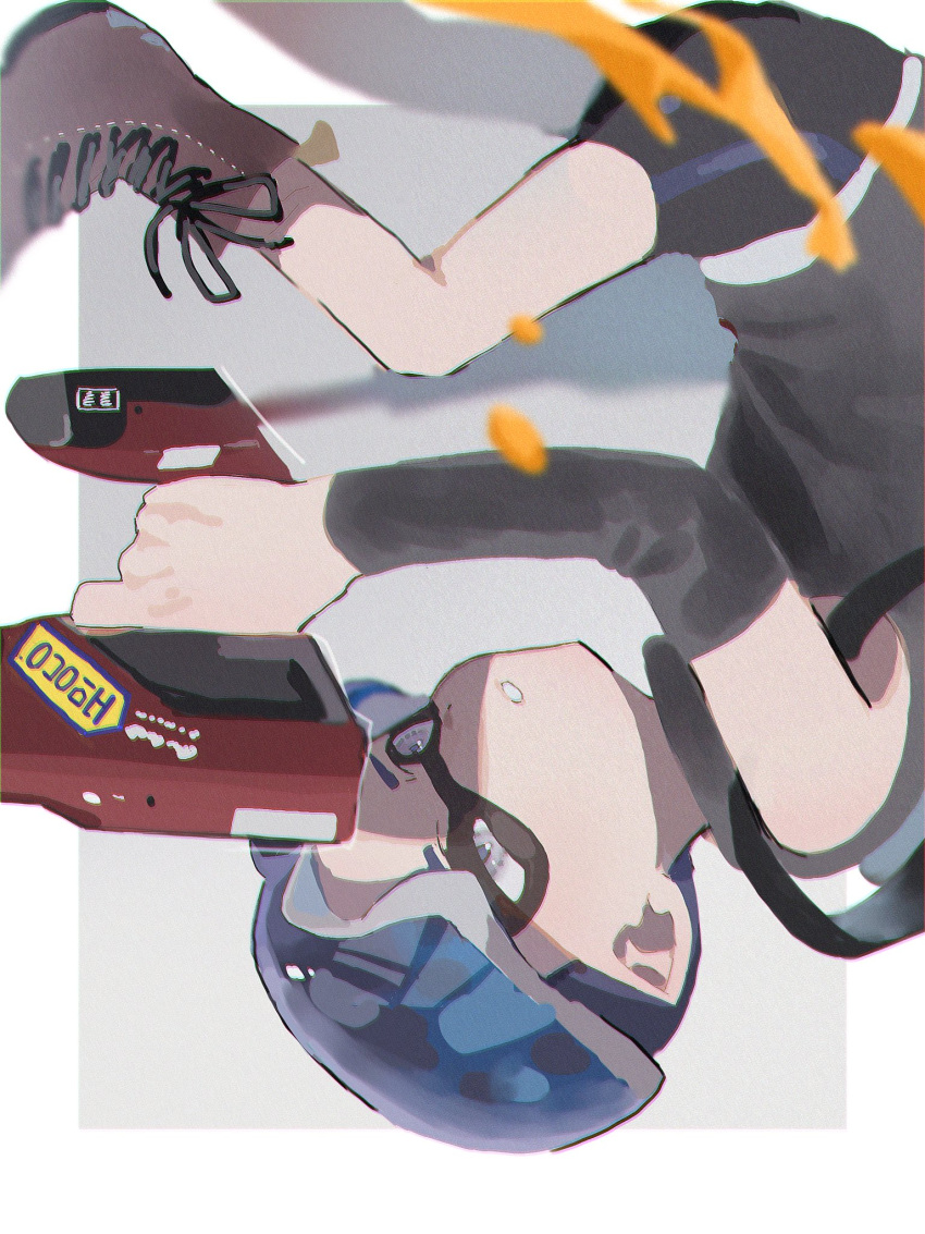 bike_shorts black_shorts black_sleeves blue_hair boots brown_footwear cross-laced_footwear detached_sleeves dualie_squelcher_(splatoon) grey_eyes highres holding inkling lace-up_boots paint parted_lips pointy_ears shiroma_ruka short_hair shorts single_detached_sleeve single_vertical_stripe solo splatoon_(series) tentacle_hair upside-down
