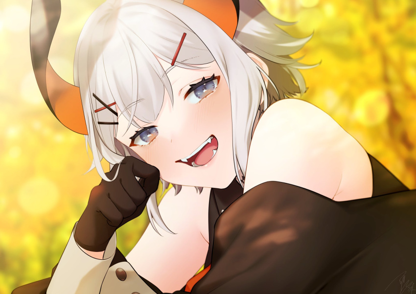 1girl asazuke25 bare_shoulders black_coat black_gloves blurry blurry_background blush coat fangs gloves grey_eyes grey_hair hair_ornament hairclip hand_on_own_cheek hand_on_own_face highres horns levi_elipha looking_at_viewer nijisanji official_art open_mouth short_hair sign smile solo tongue upper_body virtual_youtuber x_hair_ornament