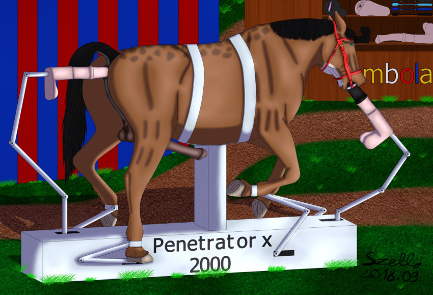 2019 anal anal_penetration animal_dildo animal_genitalia animal_penis animal_sex_toy balls black_hair black_tail bound bridle brown_body detailed_background dildo dildo_in_ass dildo_insertion dolero equid equine equine_dildo equine_penis erection feral fucking_machine gag genitals hair horse machine male mammal penetrable_sex_toy penetration penis raised_tail restrained riding_crop ring_gag sex_toy sex_toy_in_ass sex_toy_insertion solo szello whip