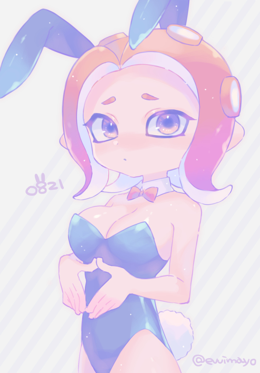 1girl animal_ears bare_arms bare_shoulders blue_leotard bow bowtie breasts cleavage detached_collar highres leotard long_hair medium_breasts octarian octoling octoling_girl orange_eyes playboy_bunny rabbit_ears rabbit_tail red_bow red_bowtie red_hair shina_shina solo splatoon_(series) strapless strapless_leotard striped striped_background suction_cups tail tentacle_hair twitter_username