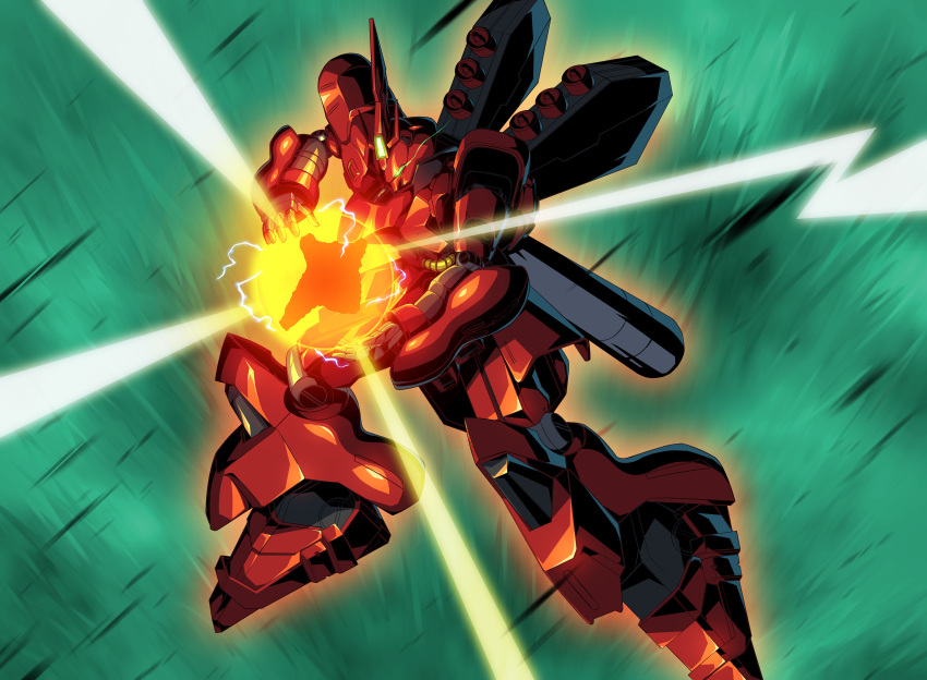 absurdres axis_(gundam) char's_counterattack energy eye_trail getter_robo glowing glowing_eye green_background gundam highres kainansang light_trail mecha no_humans robot sazabi shin_getter_robo stoner_sunshine