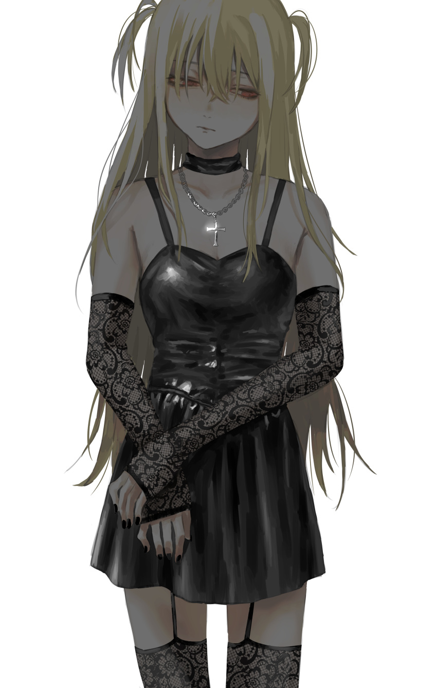 absurdres amane_misa black_dress black_thighhighs blonde_hair choker cross cross_necklace death_note dress gloves gothic highres jewelry lace lace_gloves lace_thighhighs long_hair necklace nia_(x_x02) red_eyes thighhighs two_side_up