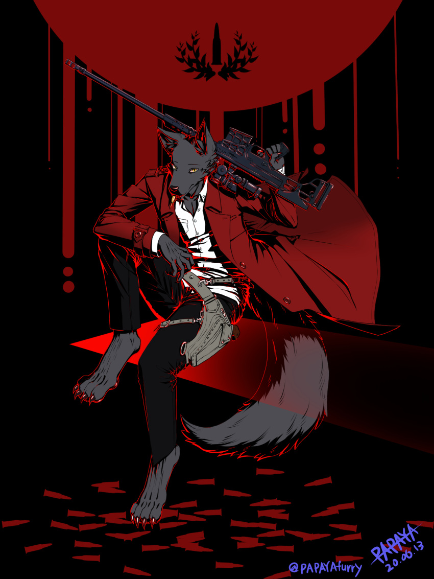 2020 3:4 abstract_background anthro black_clothing black_topwear bullet canid clothed clothing coat dated full-length_portrait fur grey_body grey_fur gun hi_res holding_sniper_rifle looking_at_viewer male mammal papayafurry portrait ranged_weapon red_clothing red_coat red_topwear rifle signature sitting sniper_rifle solo three-quarter_view topwear weapon white_clothing white_topwear yellow_eyes